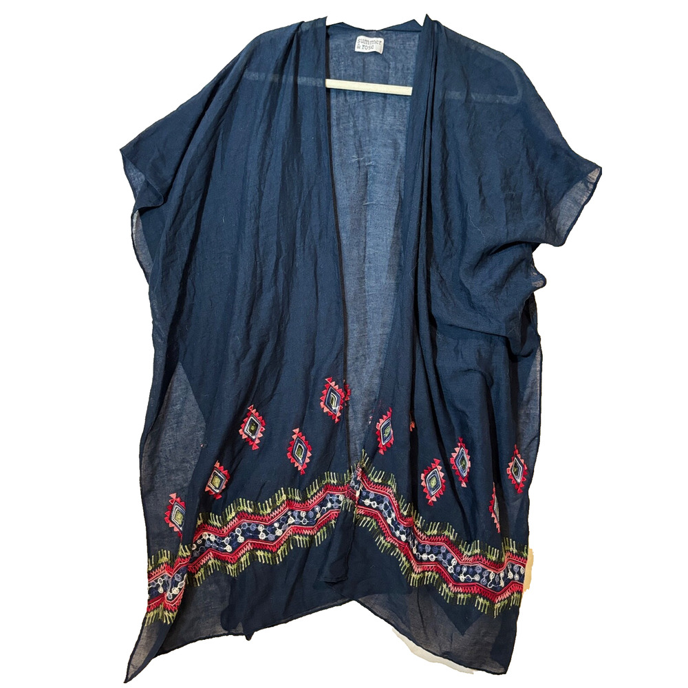 Summer & Rose Navy Embroidered Open Kimono Shawl sz OS Boho tribal cover-up chic